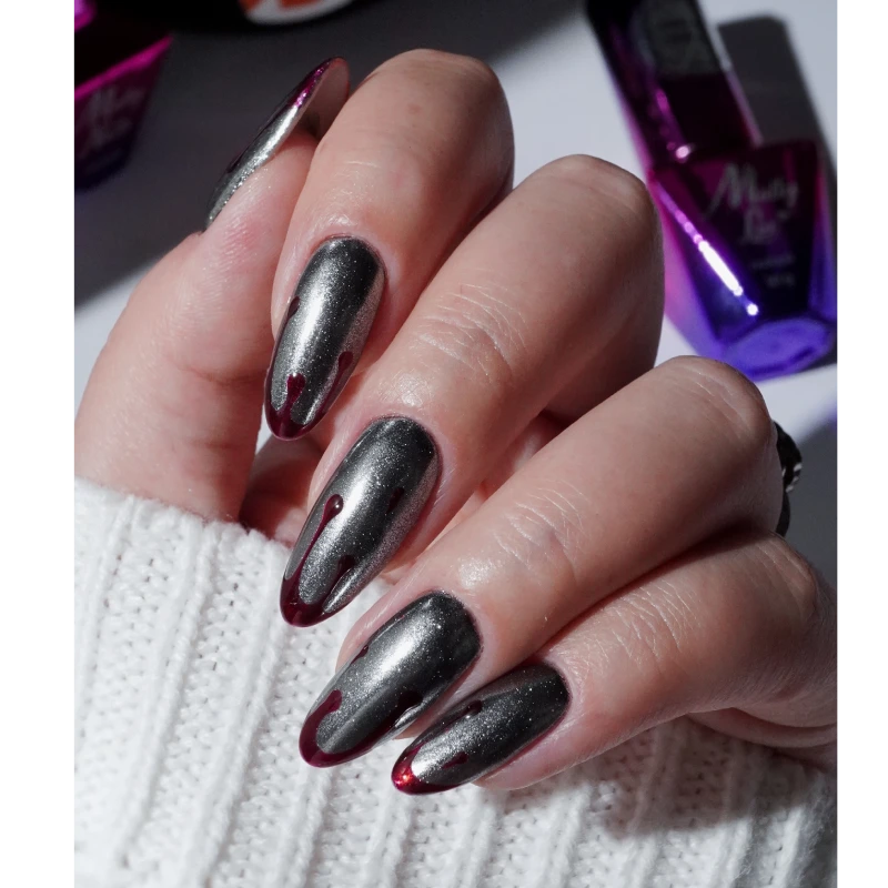 Silver nails with burgundy dripping details