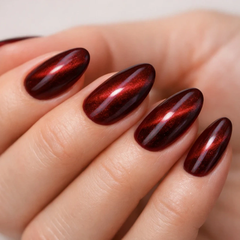 Red Cat Eye nails with a magnetic effect and glossy finish
