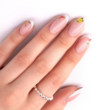 Pink nails with fruit nail art and white French tips