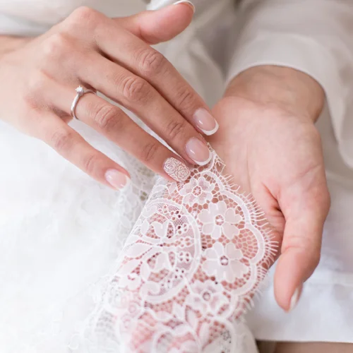 Bridal manicure with floral nail art