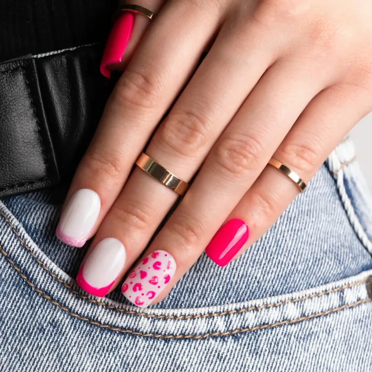 Neon pink and white French manicure with leopard print nail art