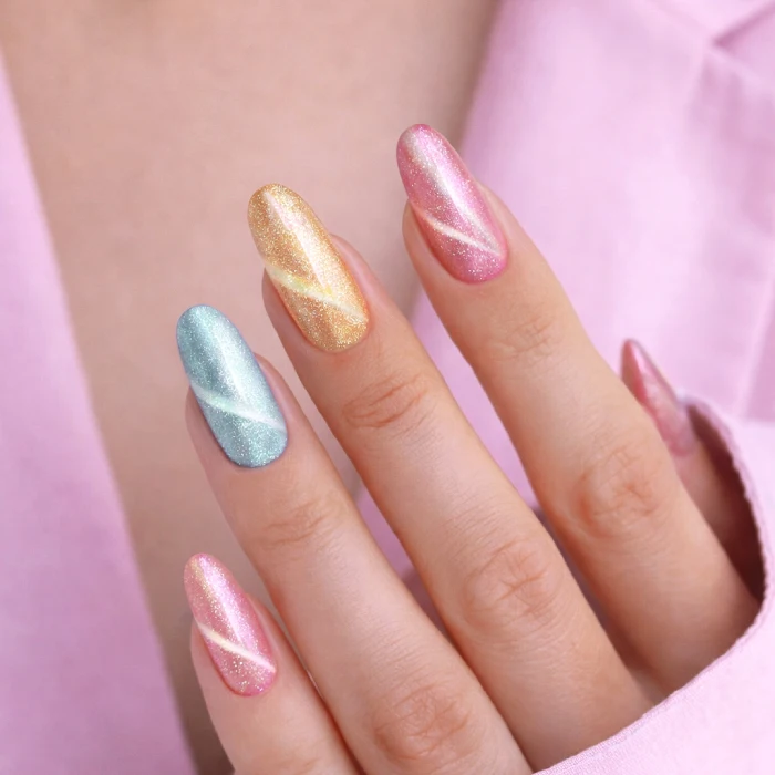 Pastel Cat Eye nails in pink, blue and gold shades