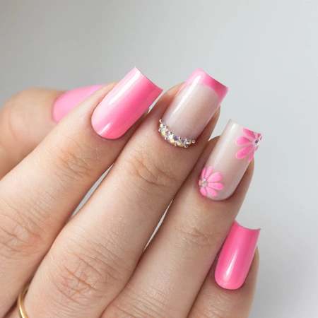 Pink French manicure with floral nail art created with Molly Nails Flamingo Garden with Flowers gel polish