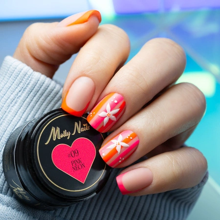 Short striped nails in vibrant colours with a white daisy