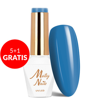 5 + 1 gratis: Esmalte híbrido MollyNails Blue Sky Sky Blue sin HEMA/Di-HEMA, 8 g, n.º 114