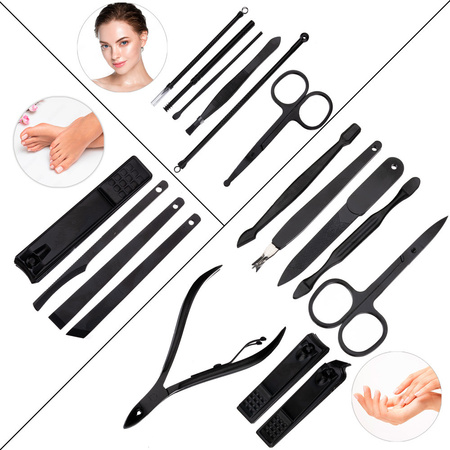 Coffret de 18 accessoires de beauté pour la manucure, la pédicure et les soins du visage, dans un étui noir et rouge - CC046