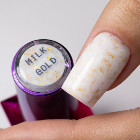 Каучукова основа молочного кольору із золотистими пластівцями Flakes Rubber Base Milk&amp;Gold; MollyLac без HEMA/Di-HEMA, 10 грамів