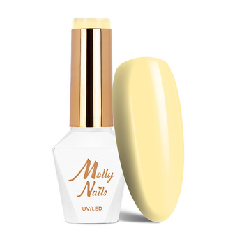 Esmalte híbrido LED/UV Gel Polish MollyNails Power Flower n.º 720 Yellow Daffodil sin HEMA ni Di-HEMA, 8 g