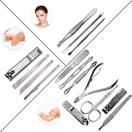 Set di 15 accessori per la cura della bellezza, per manicure, pedicure e trattamenti viso, in astuccio nero e marrone - CC045