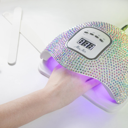 LED/UV-Nagellampe 150 W von MollyNails für Hybridlacke, Gele und Acrylgele, in Zirkonia-Optik, Crystal Silver Holo X5 MAX