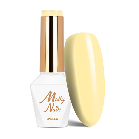 Esmalte híbrido LED/UV Gel Polish MollyNails Power Flower n.º 720 Yellow Daffodil sin HEMA ni Di-HEMA, 8 g