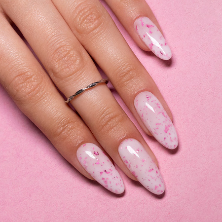 Base de caucho color leche con copos metalizados rosas «Flakes Rubber Base Milk&Pink»; MollyNails, sin HEMA ni Di-HEMA, 10 gramos