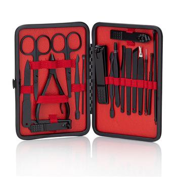 Coffret de 18 accessoires de beauté pour la manucure, la pédicure et les soins du visage, dans un étui noir et rouge - CC046