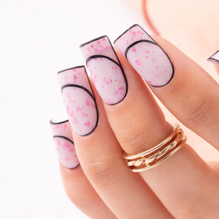 Base caoutchouc laiteuse avec des paillettes rose métallisé « Flakes Rubber Base Milk&Pink » MollyNails, sans HEMA/Di-HEMA, 10 grammes
