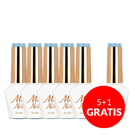 5+1 безкоштовно Гібридний лак MollyNails Blue Sky Baby Blue без HEMA/Di-HEMA, 8 г, № 110