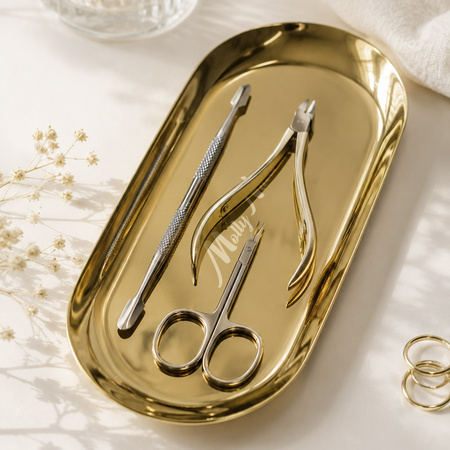 Bandeja metálica ovalada dorada para herramientas de MollyNails