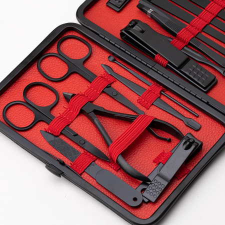 Set of 18 cosmetic accessories for manicure, pedicure, and facial treatments in a black and red case - CC046