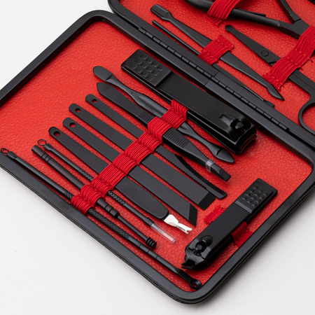 Coffret de 18 accessoires de beauté pour la manucure, la pédicure et les soins du visage, dans un étui noir et rouge - CC046