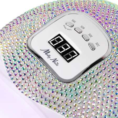 MollyNails 150W LED/UV nail lamp for hybrid varnishes, gels, and acrylic gels in crystal silver holo zirconia X5 MAX
