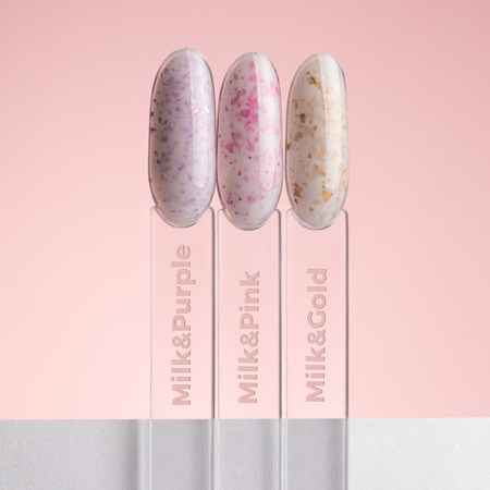 Base caoutchouc laiteuse avec des paillettes dorées « Flakes Rubber Base Milk&amp;Gold » MollyLac, sans HEMA/Di-HEMA, 10 grammes