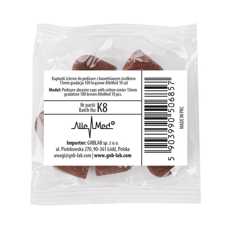 Capuchones abrasivos para pedicura con interior de algodón, 13 mm, grano 100, marrones, AlleMed, 10 unidades