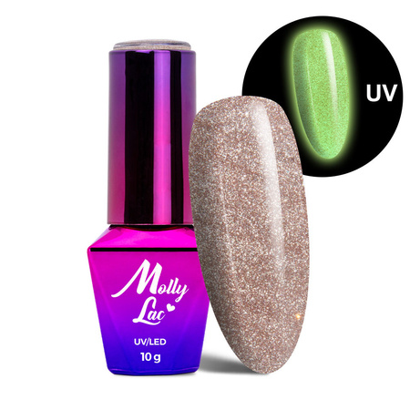 Im Dunkeln leuchtender Hybridlack „Katzenauge“ MollyLac Night Glowing Suede, HEMA/Di-HEMA-frei, 10 g, Nr. 670