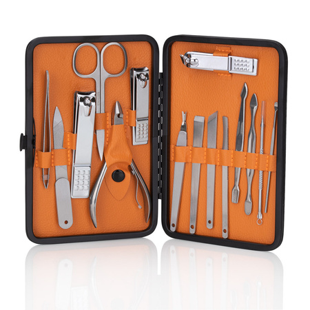 Set di 15 accessori per la cura della bellezza, per manicure, pedicure e trattamenti viso, in astuccio nero e marrone - CC045
