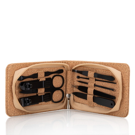 Set of 9 cosmetic accessories for manicure, pedicure, and eyebrow shaping in a cork case - CC044