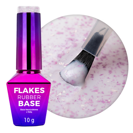 Milchfarbene Kautschukbasis mit violett-metallischen Flocken „Flakes Rubber Base Milk&Purple“; MollyNails, HEMA/Di-HEMA-frei, 10 Gramm