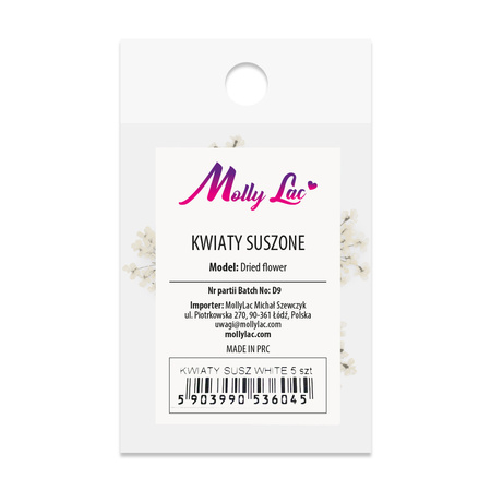 Flores secas para decorar las uñas MollyLac White, 5 unidades