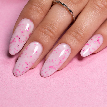 Base caoutchouc laiteuse avec des paillettes rose métallisé « Flakes Rubber Base Milk&Pink » MollyNails, sans HEMA/Di-HEMA, 10 grammes