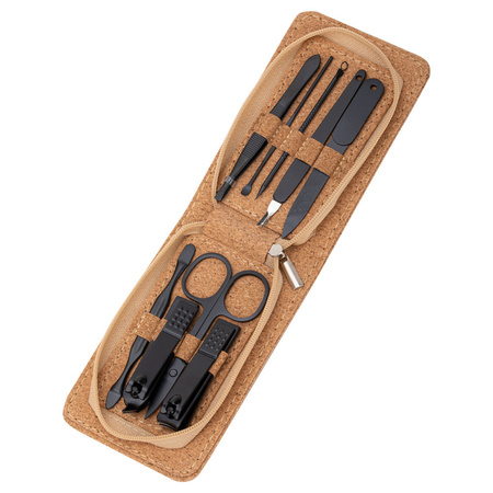 Набір із 9 косметичних аксесуарів для манікюру, педикюру та корекції брів у корковому футлярі — CC044