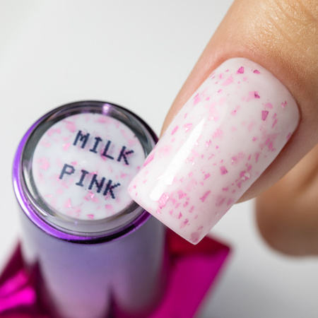 Base de caucho color leche con copos metalizados rosas «Flakes Rubber Base Milk&Pink»; MollyNails, sin HEMA ni Di-HEMA, 10 gramos