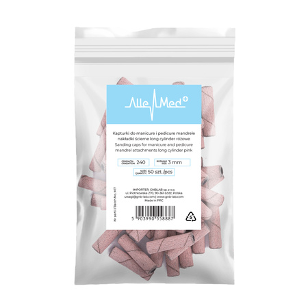 Manicure and pedicure caps, mandrels, abrasive caps, long cylinder, 3 mm, 240 grit, pink, 50 pcs.