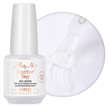 Top coat brillant auto-régénérant « no wipe » (sans essuyage) Doctor Top Pro Salon MollyNails, sans HEMA ni Di-HEMA, transparent, 15 g